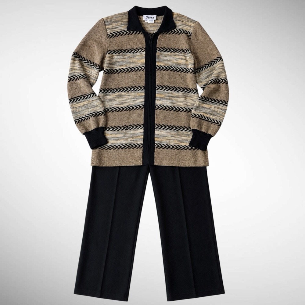 Vintage Toula Wool Blend Knit Pant Suit Set Brown Black Zip Jacket Women 14